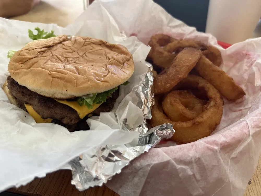 Double Meat Bacon Burger with Onion Rings
